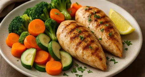 Pechuga de pollo asada con hierbas y limón, acompañada de verduras al vapor.