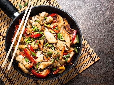 Wok de pollo salteado con diversas verduras frescas en una salsa brillante.