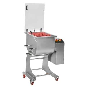 Esquema técnico de una amasadora de carne profesional destacando sus paletas mezcladoras y cuba de acero inoxidable