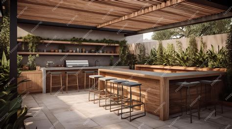 Diseño de terraza moderna con barbacoa integrada y mobiliario elegante