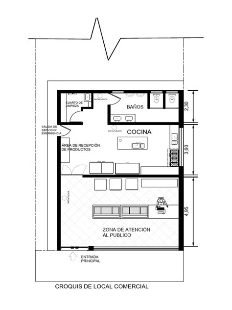 Plano esquemático de un local comercial con áreas designadas para cocina, atención y mesas
