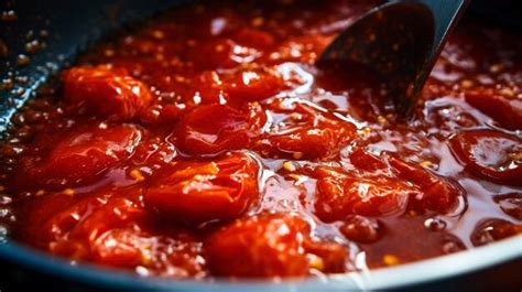 Sartén con salsa de atún y tomate hirviendo a fuego lento.