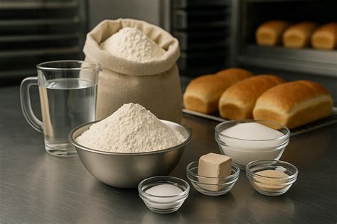 Ingredientes para pan amasado dulce listos en la mesa, como harina, huevos, leche, mantequilla y azúcar