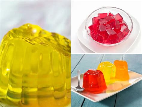 Foto de ingredientes básicos para gelatina: gelatina en polvo, agua, azúcar, colorantes, esencias, frutas