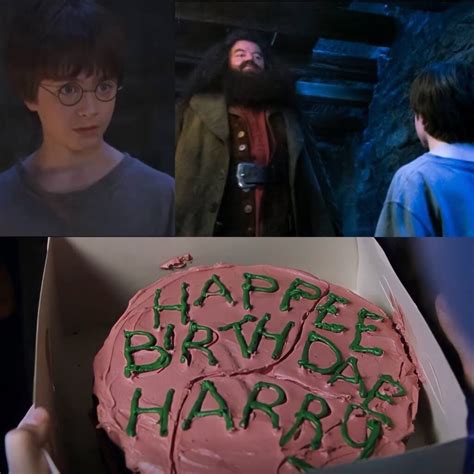 Hagrid entregando el pastel de cumpleaños a Harry en la cabaña
