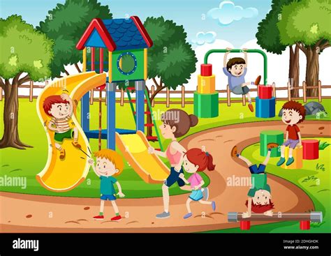 Ilustración de un entorno escolar con niños interactuando en el patio de recreo