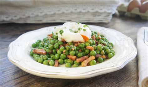 Fotografía apetitosa de un plato de guisantes con jamón y huevo escalfado