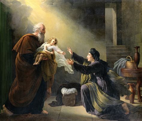 Ilustración del profeta Elías resucitando al hijo de la viuda de Sarepta