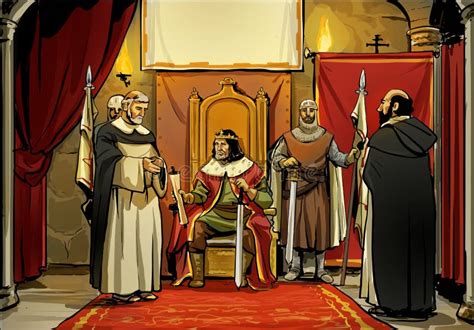 Ilustración de un rey en la torre de un castillo, observando el sol o un águila