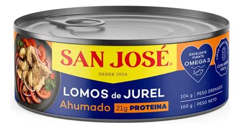 Fotografía del envase de Jurel San José mostrando la lista de ingredientes y la tabla nutricional