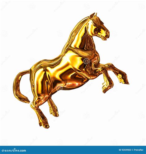 Ilustración de un caballo de oro sobre un pedestal antiguo en un paraje natural misterioso