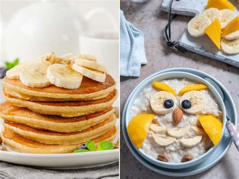 Variedad de desayunos coloridos para niños, incluyendo tortitas y frutas