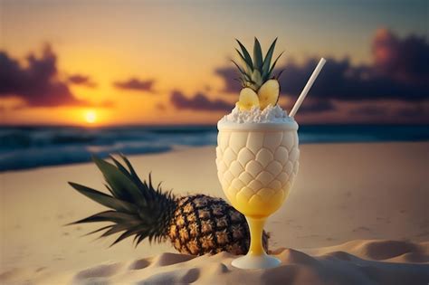 cóctel piña colada con apariencia tropical y refrescante al atardecer