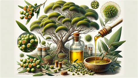 Dibujo o infografía del árbol Melaleuca alternifolia con sus hojas y el proceso de destilación del aceite