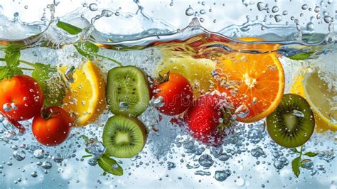 Ilustración de frutas y verduras frescas con gotas de agua.
