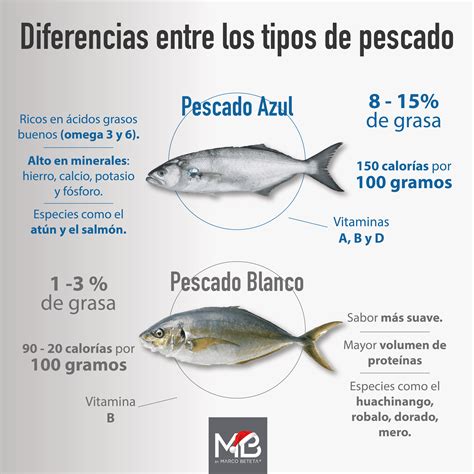 Infografía sobre tipos de pescado (blanco, semigraso, azul) y su clasificación de materia grasa
