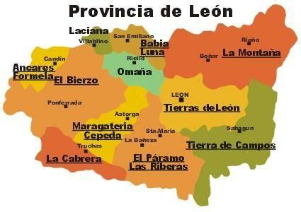Mapa de la provincia de León, España, indicando la zona de producción de Cecina de León IGP