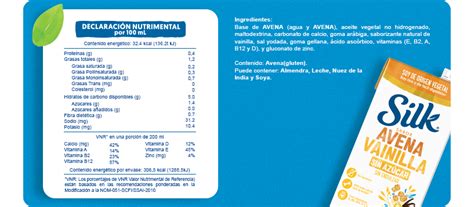 Tabla nutricional detallada de leche de avena sin endulzar
