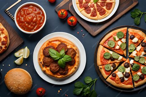 Plato surtido con diferentes tipos de pizzas y acompañamientos