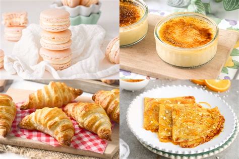 Collage de los postres franceses más icónicos como macarons, éclairs y tarta Tatin