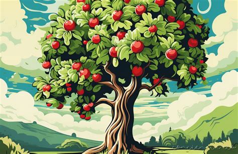 Ilustración de un manzano adulto con una forma cónica ideal, mostrando el equilibrio entre el tronco central y las ramas secundarias.