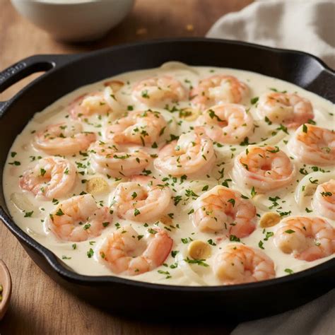 Camarones rosados cubiertos en una salsa bechamel cremosa, con perejil picado