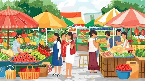 Ilustración de personas comprando frutas en un mercado y un texto con frases útiles en inglés.