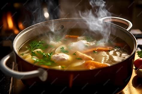 Sopa de pollo humeante en un tazón, confortando a una persona enferma