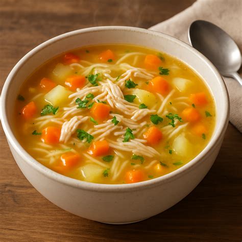 Tazón de sopa de pollo casera con fideos y perejil fresco