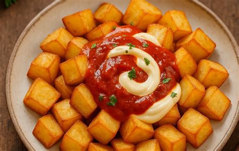 Plato de patatas bravas recién servidas con salsa brava