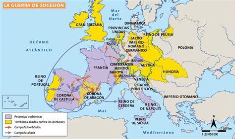Mapa de Europa durante la Guerra de Sucesión Española, mostrando las alianzas y territorios en disputa.
