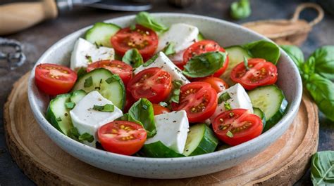 Esquema visual de ingredientes para ensalada: tomate, pepino, aceitunas, queso feta y arroz cocido