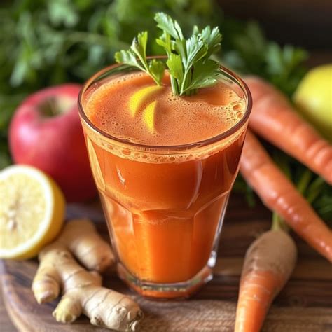 Vaso de batido de manzana y zanahoria fresco con ingredientes al lado