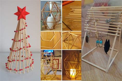Collage de manualidades terminadas hechas con palos de brocheta