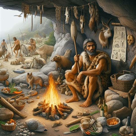 Ilustración histórica de técnicas de caza y recolección en el Paleolítico