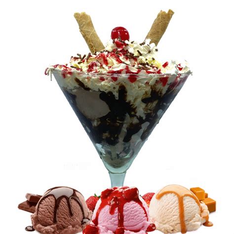 Variedad de copas de helado y sorbete con frutas frescas