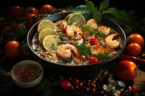 Tazón de sopa Thom Ka con camarones, champiñones y hierbas aromáticas