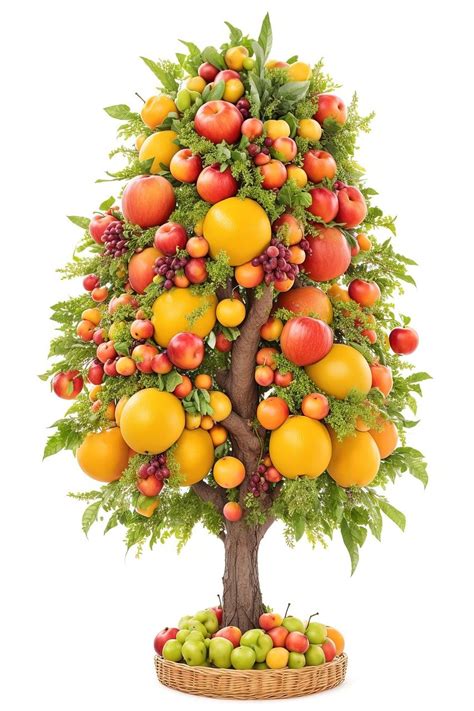 Representación de un árbol frutal con diversas frutas maduras, verdes y algunas caídas al suelo