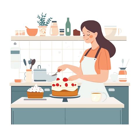 Ilustración de una mujer horneando cupcakes en una cocina acogedora