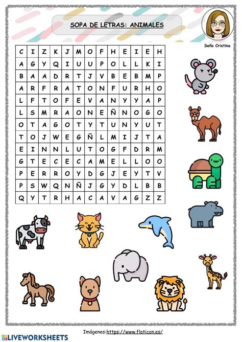 cuadrícula de sopa de letras con nombres de animales resaltados
