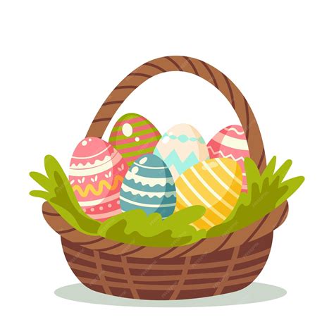 Ilustración festiva de huevos de Pascua decorados y cestas.