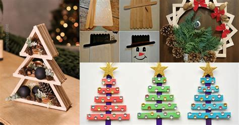 Diversos adornos navideños (árboles y estrellas) hechos con palitos de helado y decorados