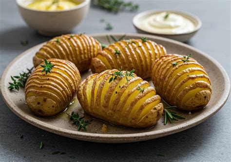 Detalle de papas hasselback doradas y recién horneadas con hierbas