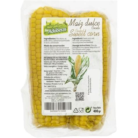 Envase de maíz dulce en mazorca cocido de supermercado