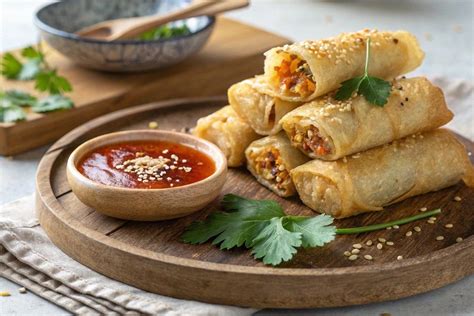 Foto de rollitos de primavera caseros crujientes, listos para servir