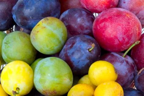 Ciruelas frescas, nueces peladas y limón sobre una tabla de madera