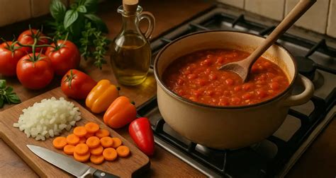 Salsa de tomate casera en un cazo, con hierbas frescas