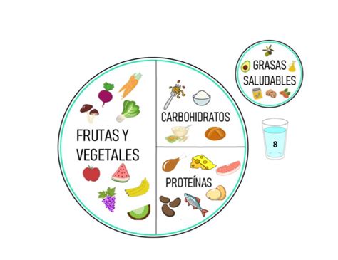 Esquema de un plato equilibrado con porciones de vegetales y frutas