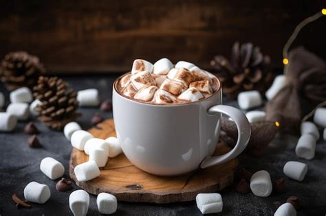 Imagen de una taza humeante de chocolate caliente decorada con malvaviscos y virutas de chocolate.