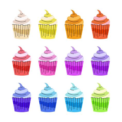 Ilustración de varios cupcakes coloridos y decorados, dispuestos de forma atractiva sobre un fondo limpio.